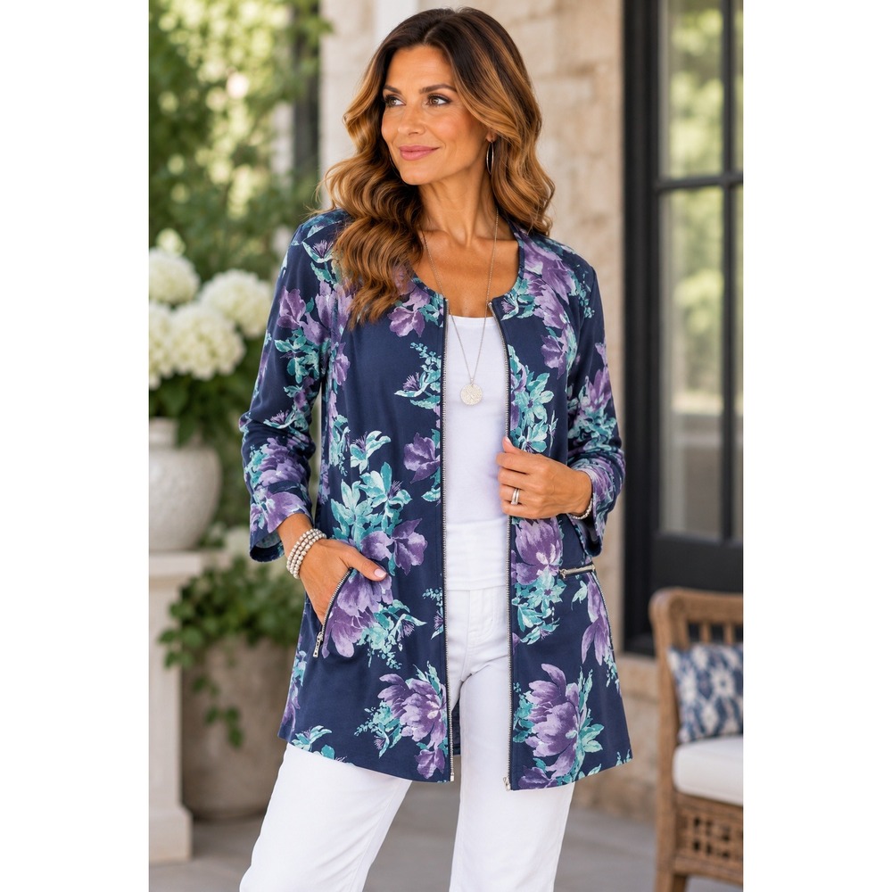 NEW Chicos Blooming Floral Faux Suede Long Jacket Midnight Blue Purple 3 XL